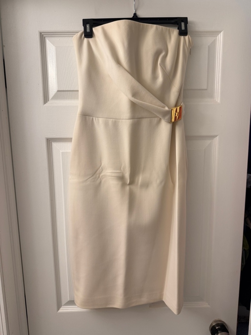 Ralph Lauren Purple Label Strapless Cream Sheath Dress with Gold Buckle Detail